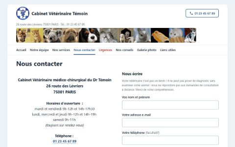 Site témoin sur ordinateur : coordonnées, horaires et formulaire de contact