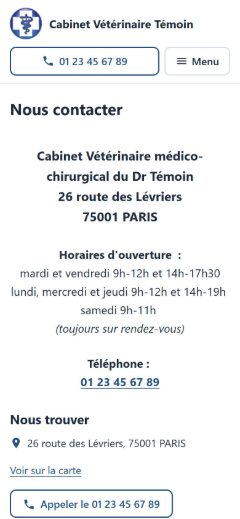 Site témoin sur smartphone : coordonnées et horaires