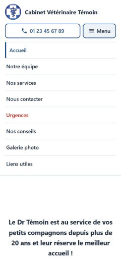 Site témoin sur smartphone : menu ouvert
