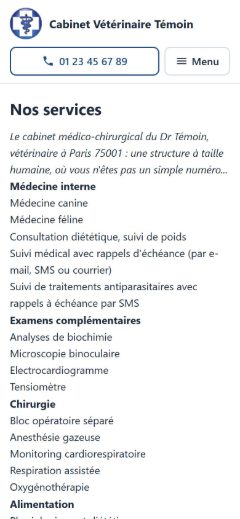 Site témoin sur smartphone : présentation des services