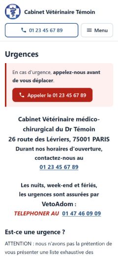 Site témoin sur smartphone : urgences, avec le bouton d'appel
